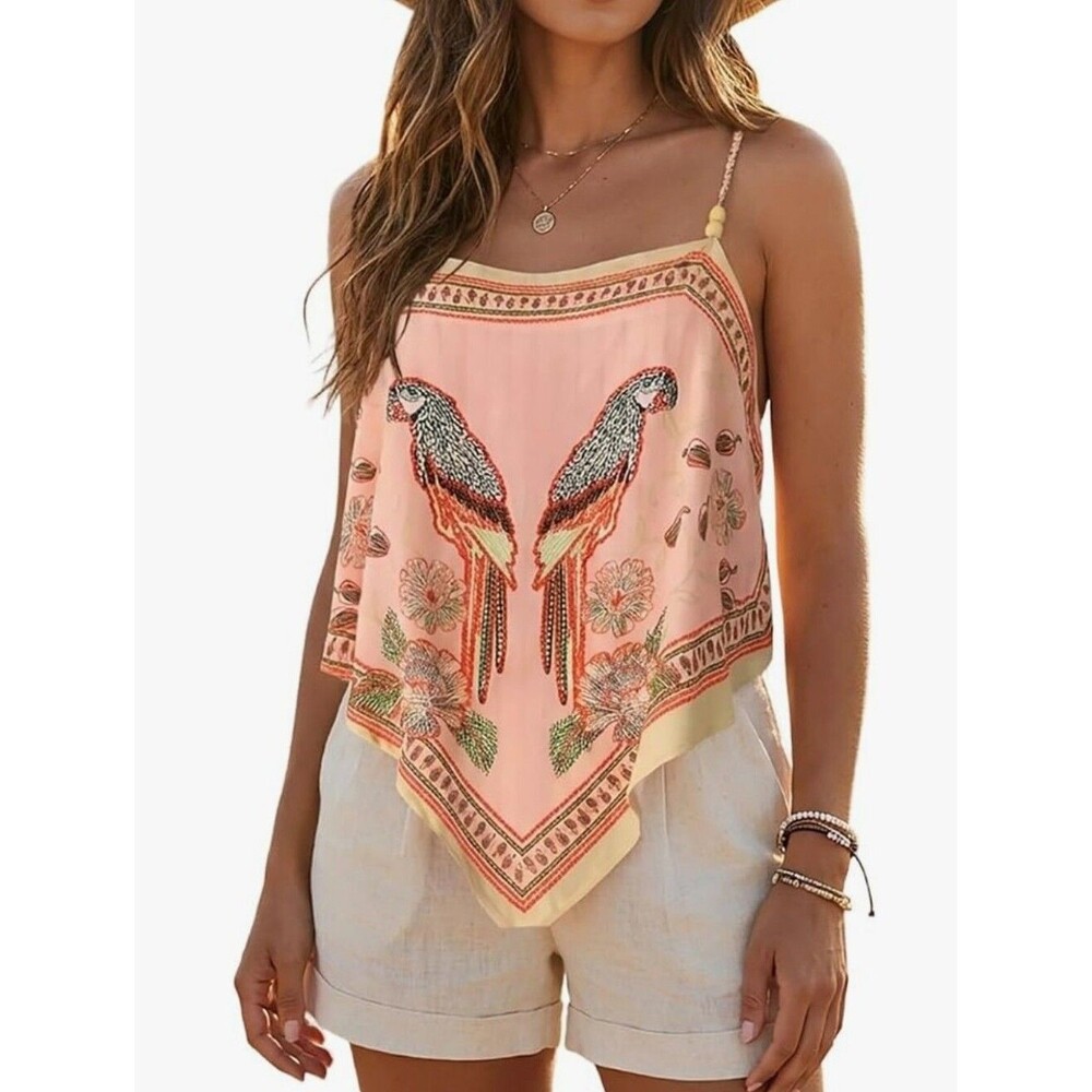 Chicme Peach & Cream Tie Back Halter Tank Top W/ Parrot Design, M